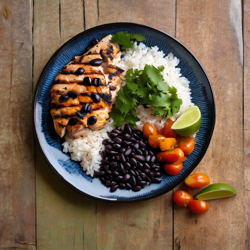 Brazilian-style lunch plate of rice, black beans and grilled chicken