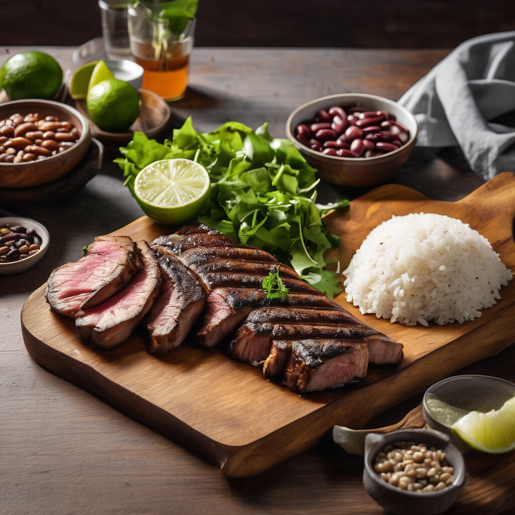 Quick lunch platter with grilled picanha slices, fresh lime, rice and beans, and crisp salad in bright daylight
