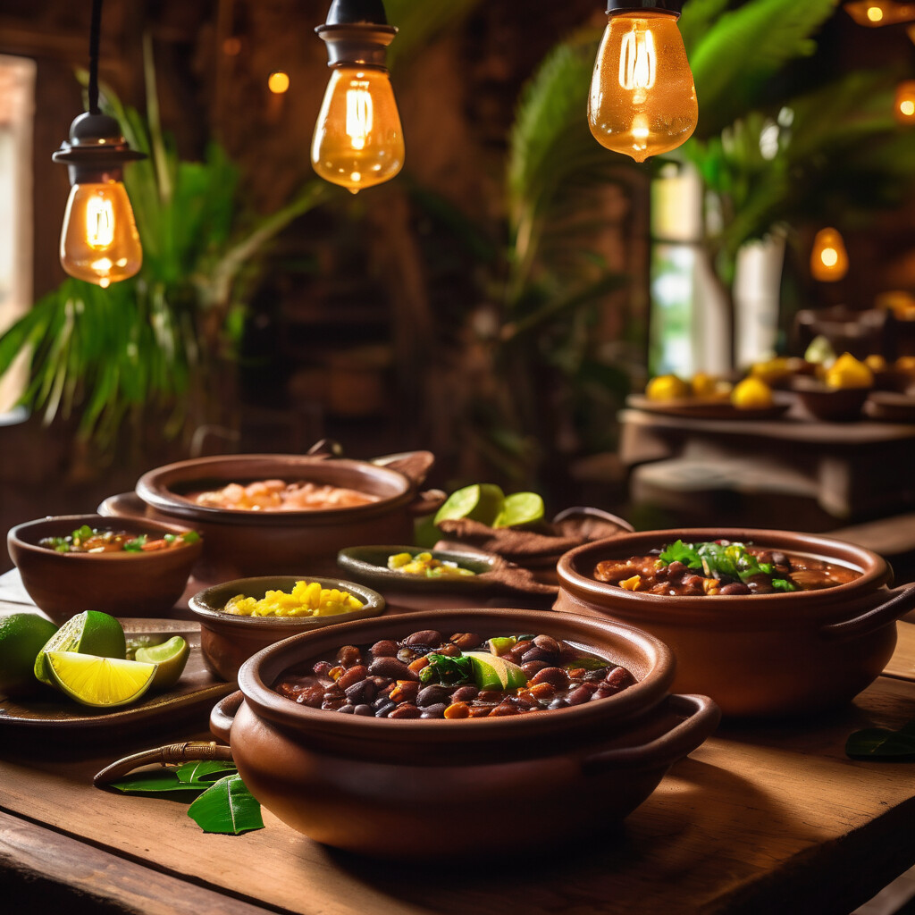 Vibrant Brazilian feijoada lunch spread with rustic wooden tables and warm golden lighting